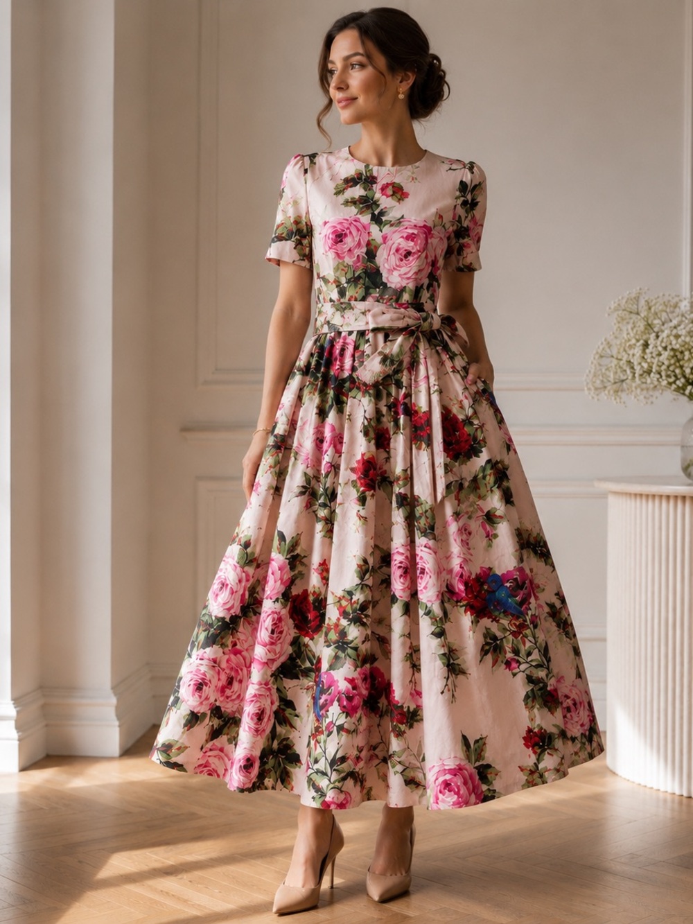 Lusio Italian Design Pink Rose Floral Print Cotton Midi Dress Size M NWOT